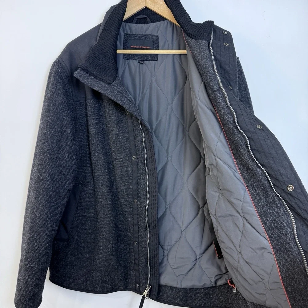 Vintage Banana Republic Wool Blend Coat Mens L Deep Charcoal Gray Black Zip Snap